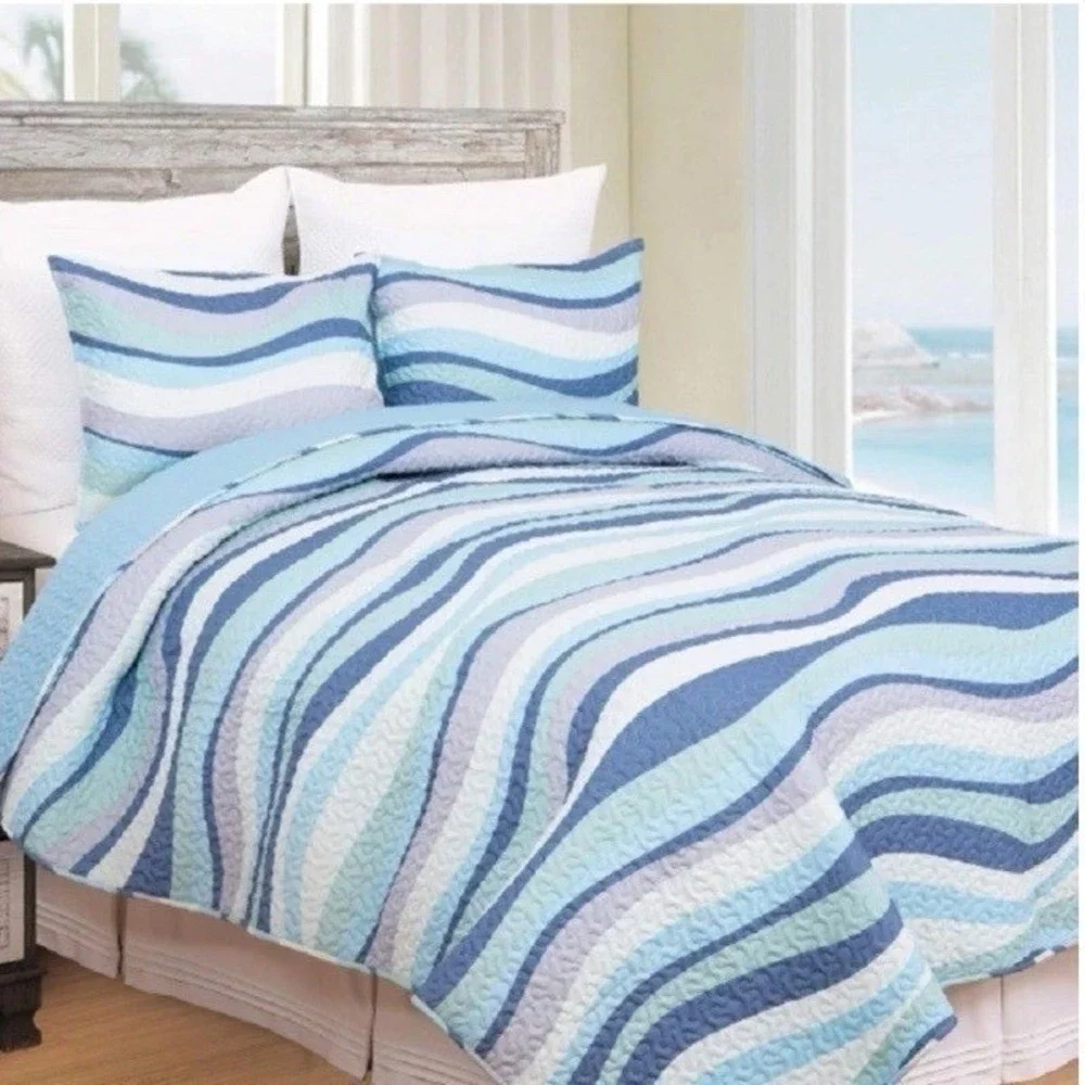 Sea Waves Blue White Quilt Set Twin Ocean Reversible Coastal Comforter Shams